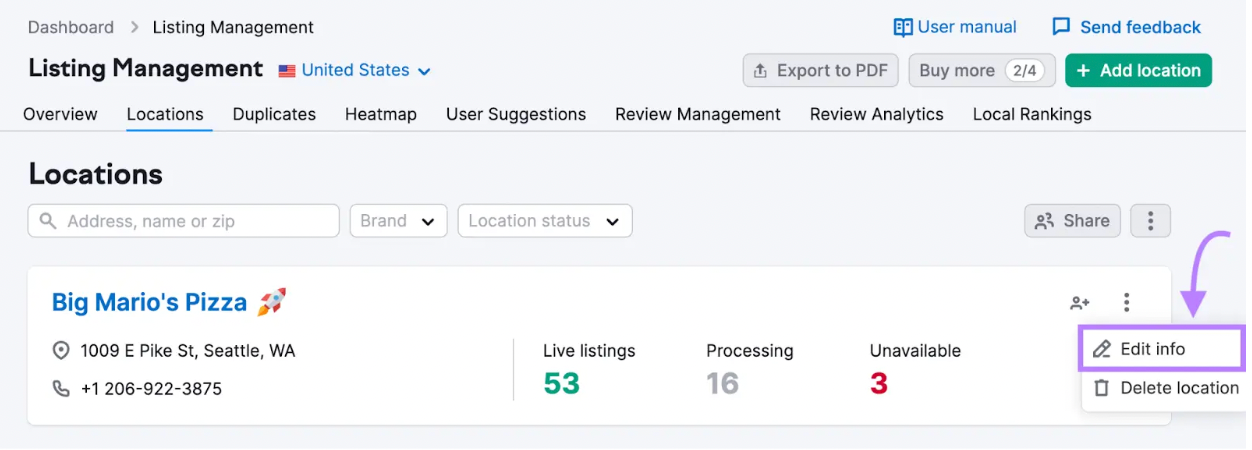 In Listing Management, select &ldquo;Edit info&rdquo; to change your information