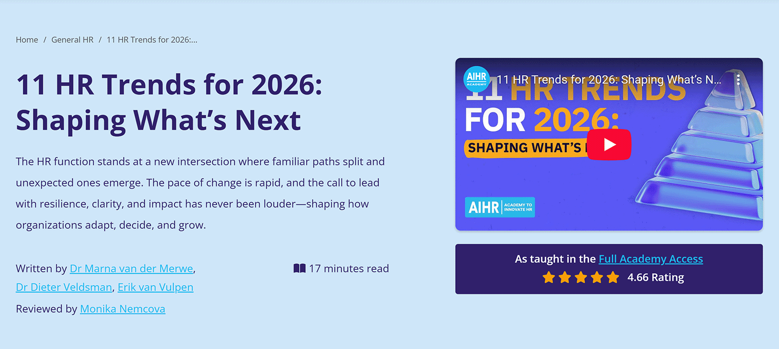 Blog post titled &lsquo;11 HR Trends for 2026&rsquo; showing thought leadership content as a timely blog idea.