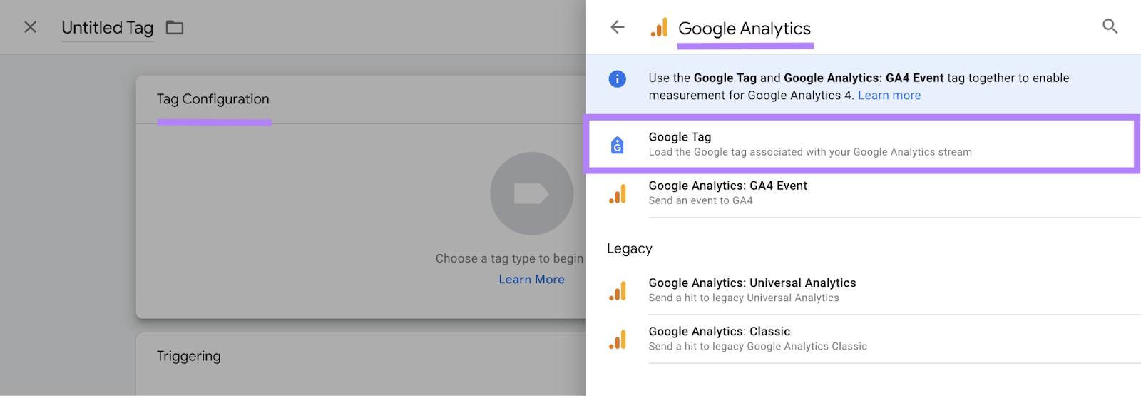 &ldquo;Tag Configuration&rdquo; > &ldquo;Google Analytics&rdquo; > &ldquo;Google Tag" buttons highlighted