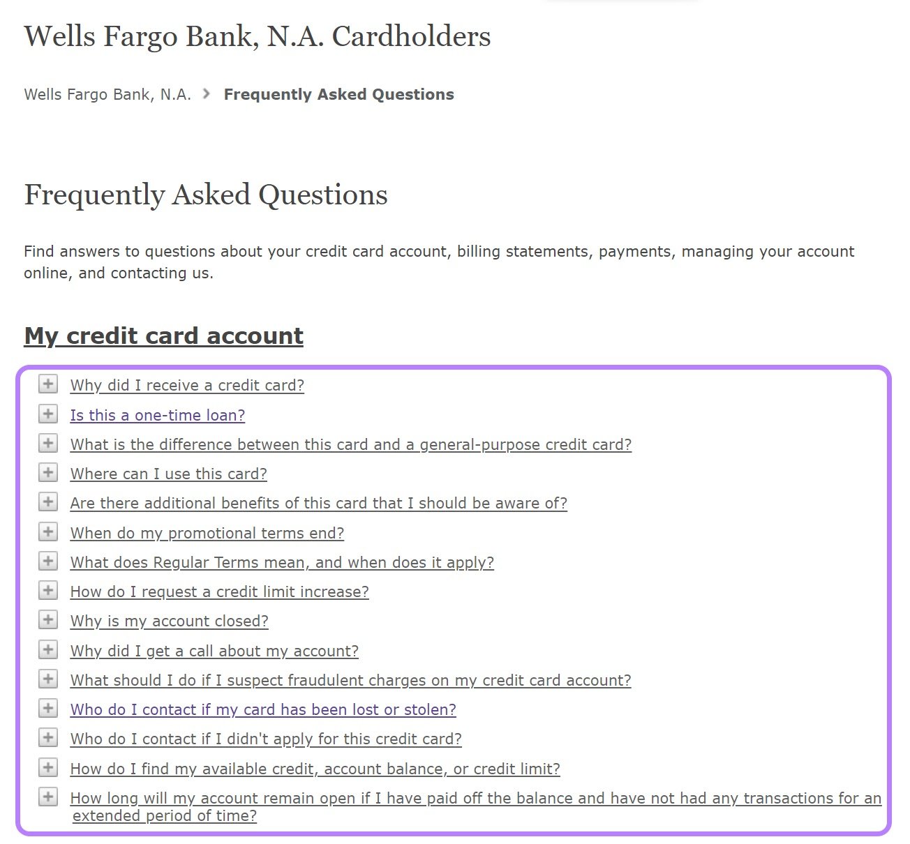Wells Fargo&rsquo;s FAQ page