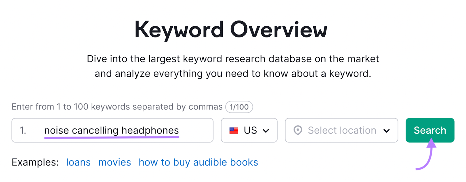 &ldquo;noise-canceling headphones&rdquo; entered into the Keyword Overview search bar