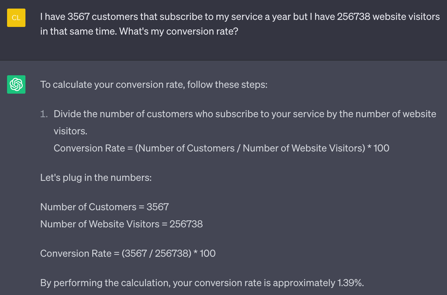 A prompt asking ChatGPT to calculate company&rsquo;s conversion rate