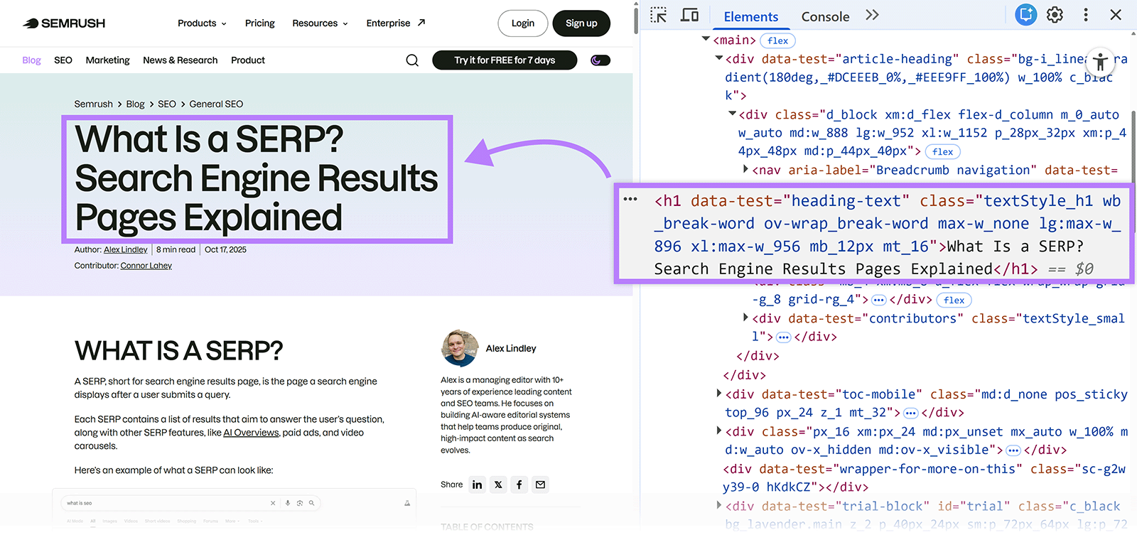 Blog page with H1 heading &ldquo;What Is a SERP? Search Engine Results Pages Explained&rdquo; and HTML inspection view.