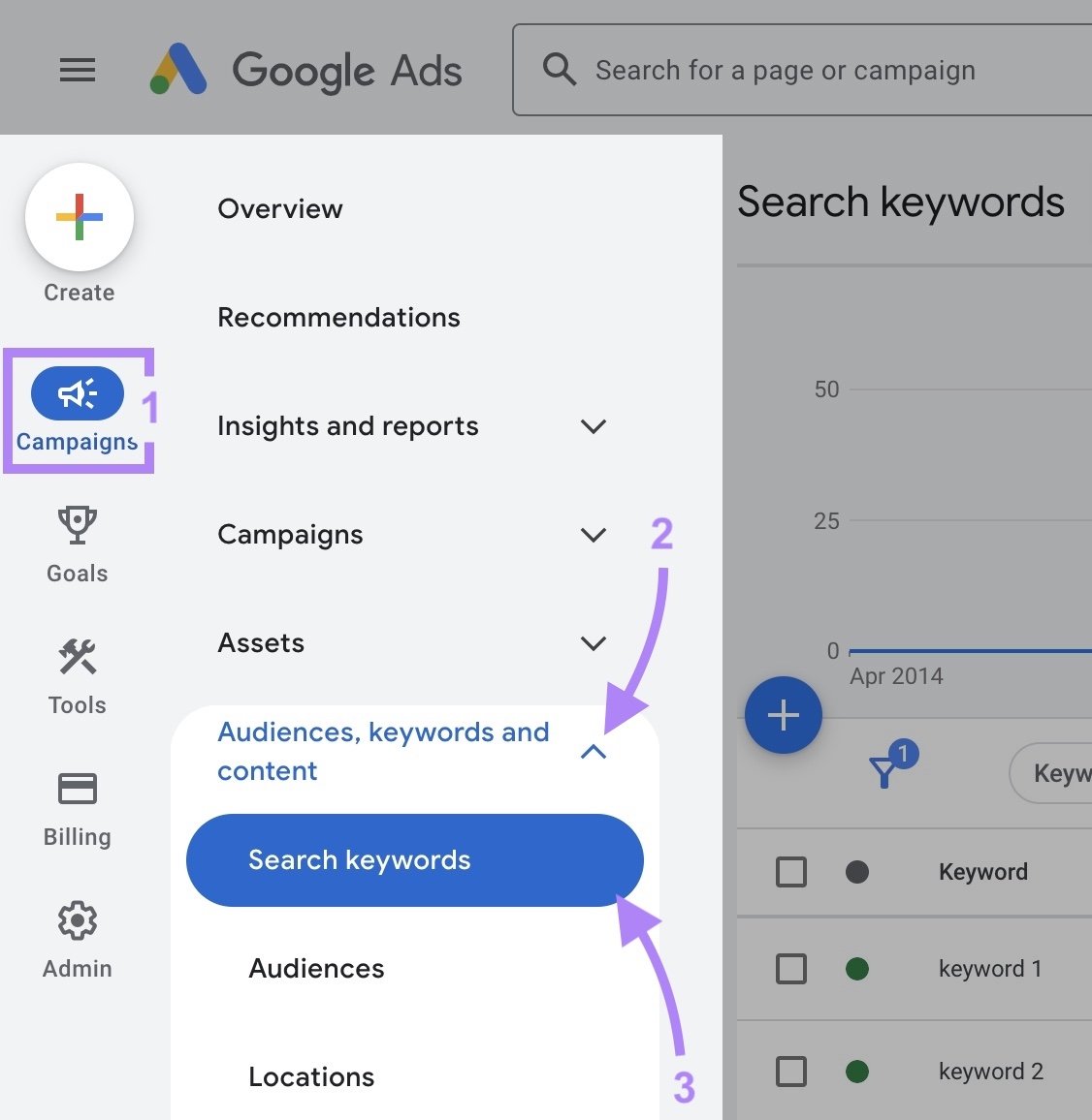 Navigating to "Search keywords" on Google Ads by selecting it from the &ldquo;Audiences, keywords and content&rdquo; drop-down in the left-hand menu.
