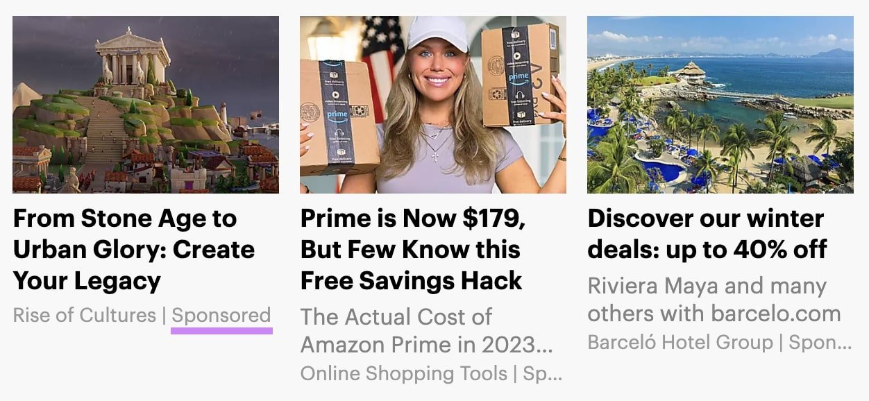 An example of three articles on a page, with an &ldquo;Sponsored&rdquo; label highlighted under the first one