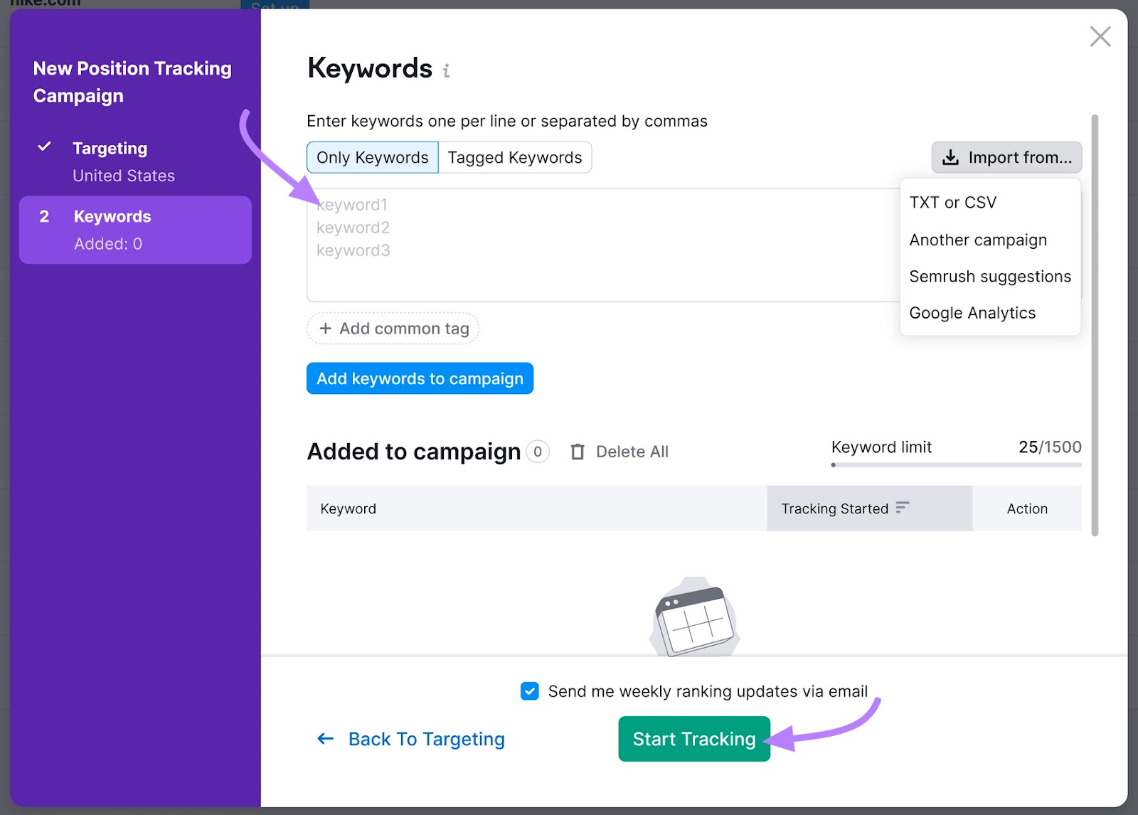 &ldquo;Keywords&rdquo; configuration page