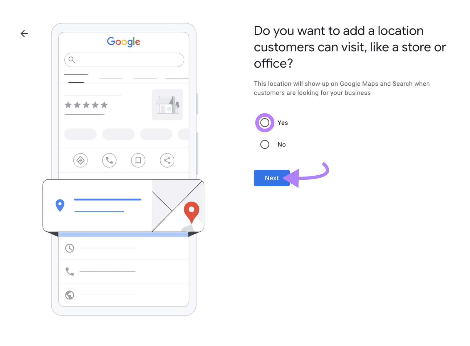 Business setup screen asking to add a location with Yes selected and arrow to &ldquo;Next.&rdquo;