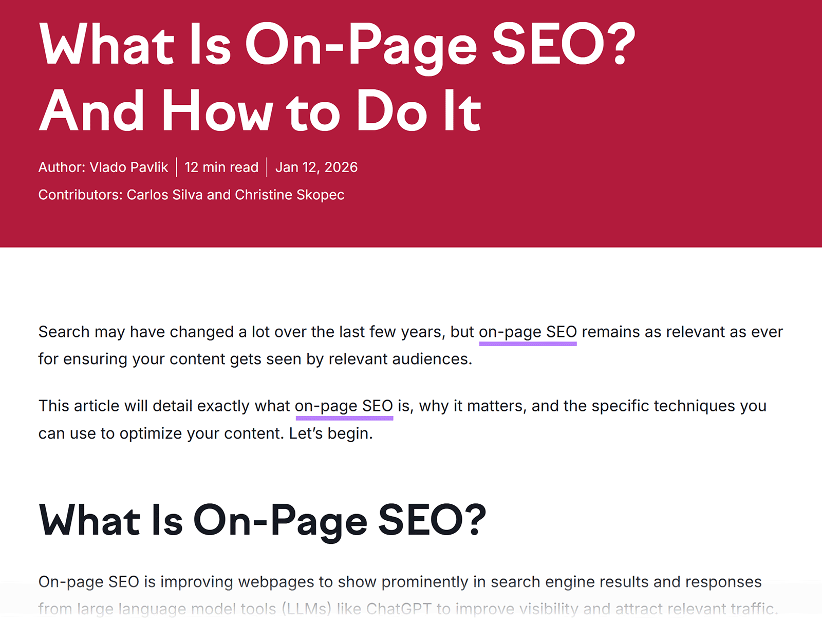 Semrush blog post header and introduction for &ldquo;What Is On-Page SEO? And How to Do It,&rdquo; with primary keyword highlighted twice in the introduction.
