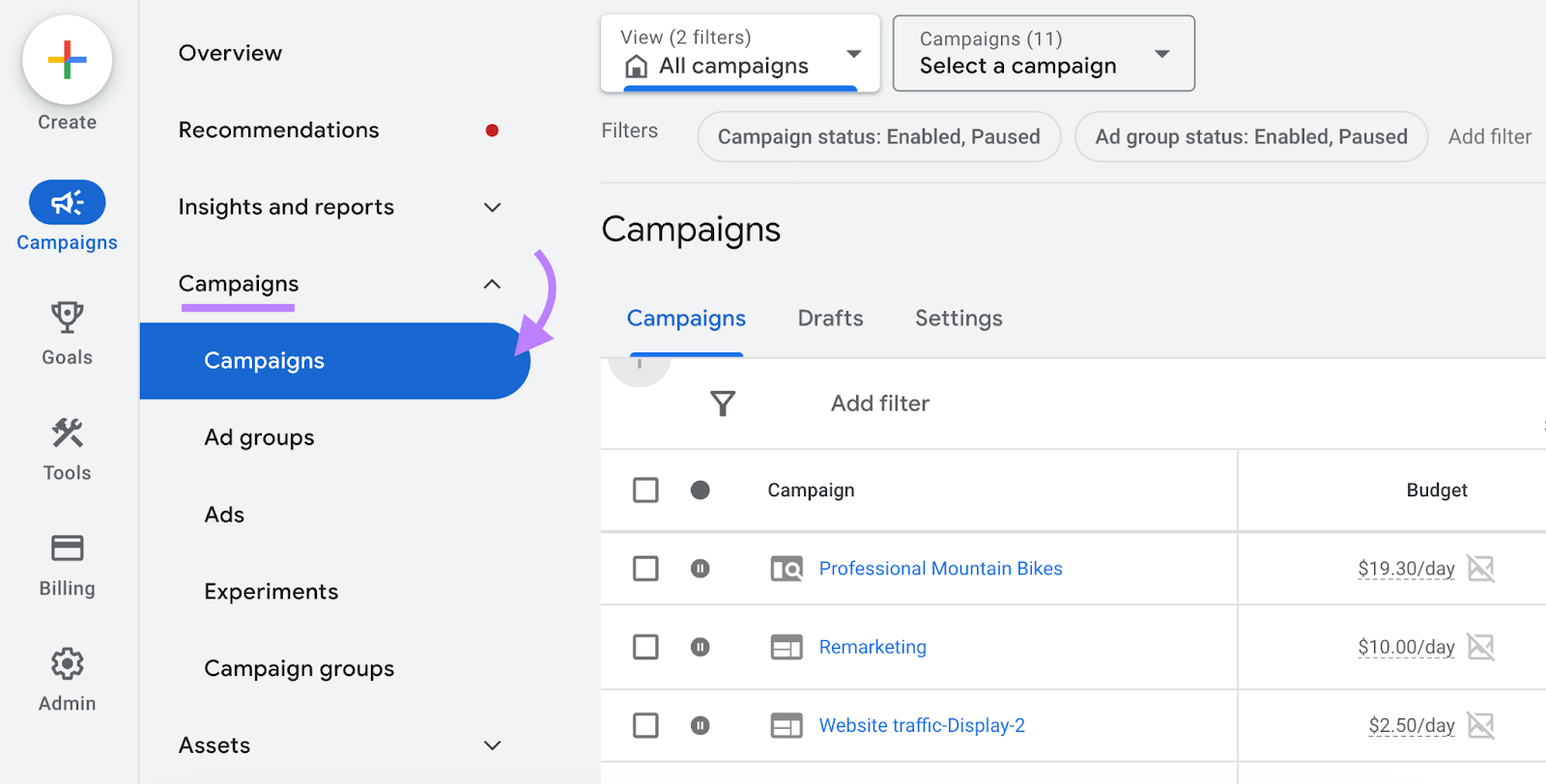 navigation to &ldquo;Campaigns&rdquo; icon in Google Ads account dashboard