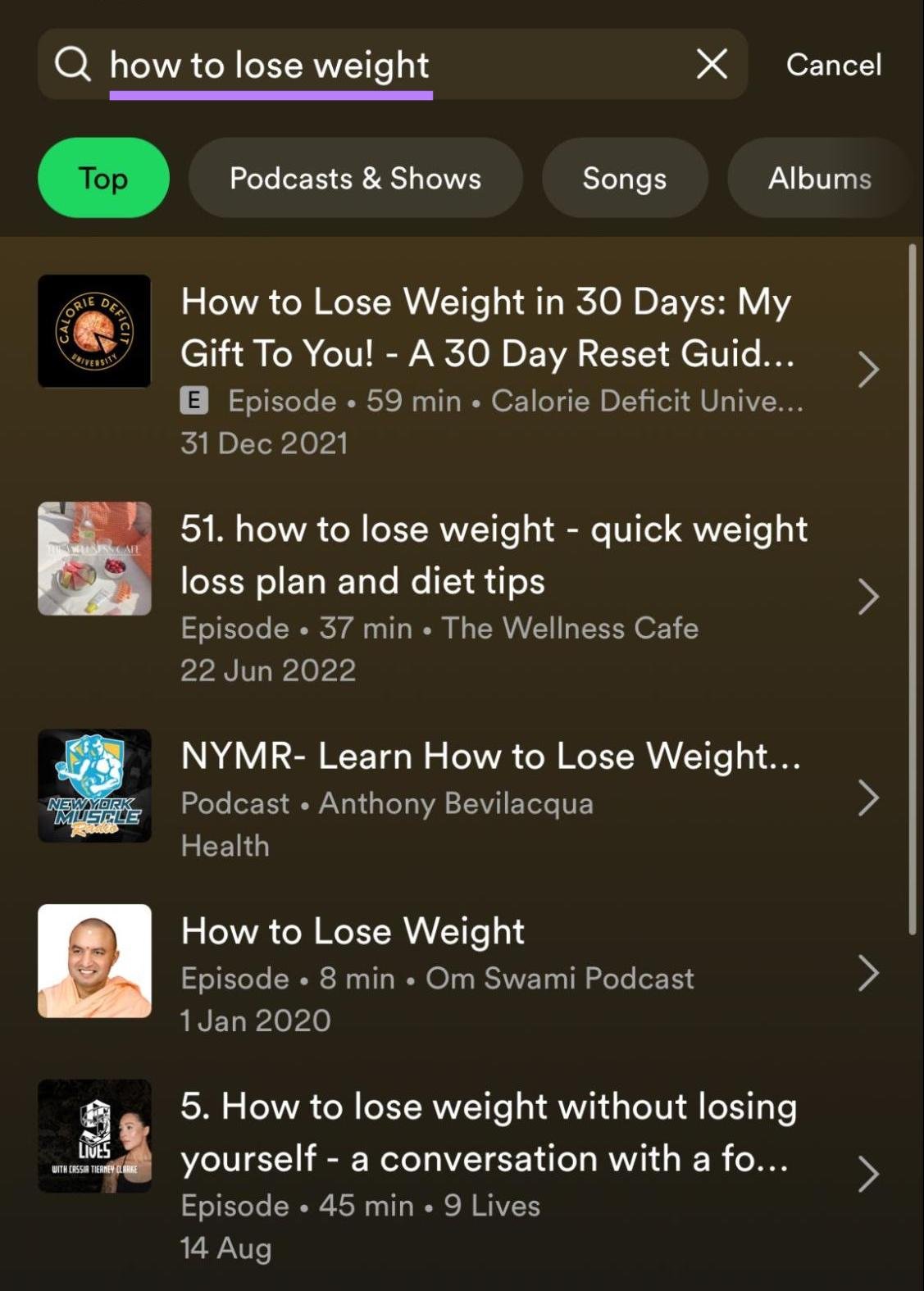 Spotify&rsquo;s search result for the keyword &ldquo;how to lose weight&rdquo;