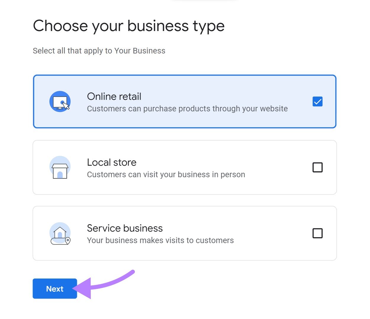 "Online retail" selected under the "Choose your business type" window