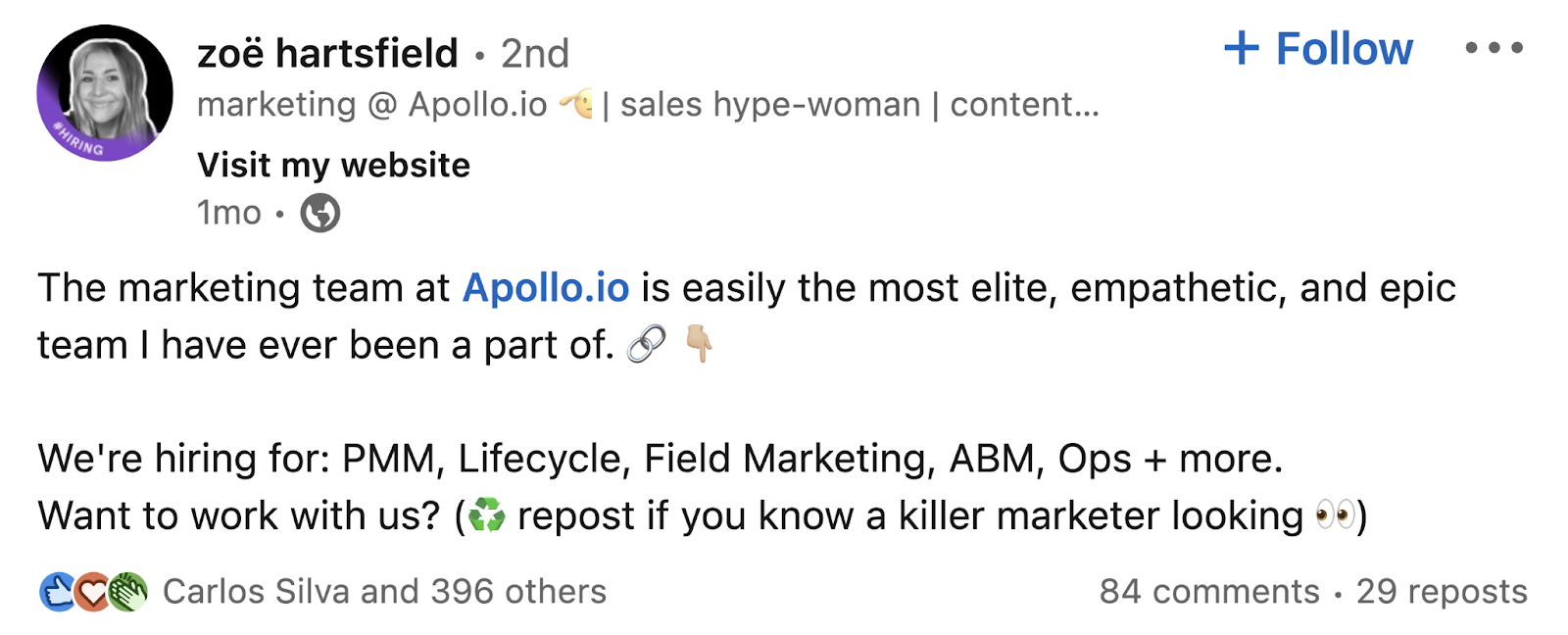Zo&euml; Hartsfield's LinkedIn post about Apollo.io's marketing team