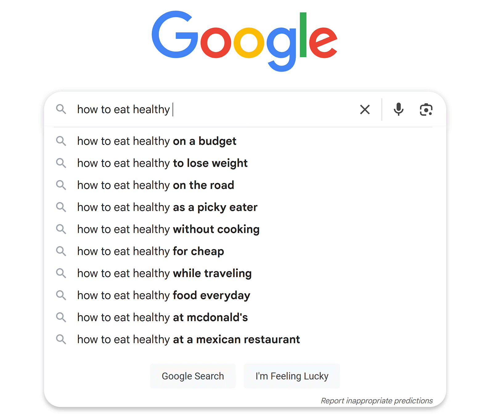 Google search autocomplete for &ldquo;how to eat healthy&rdquo; showing suggestions like &ldquo;on a budget,&rdquo; &ldquo;to lose weight,&rdquo; and more