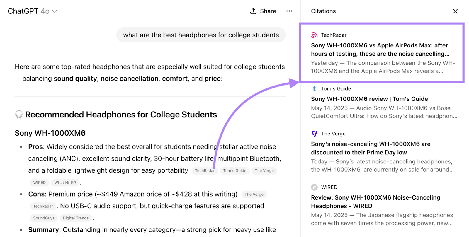 The first listed citation in a response is the first listed citation in the citation list sidebar.