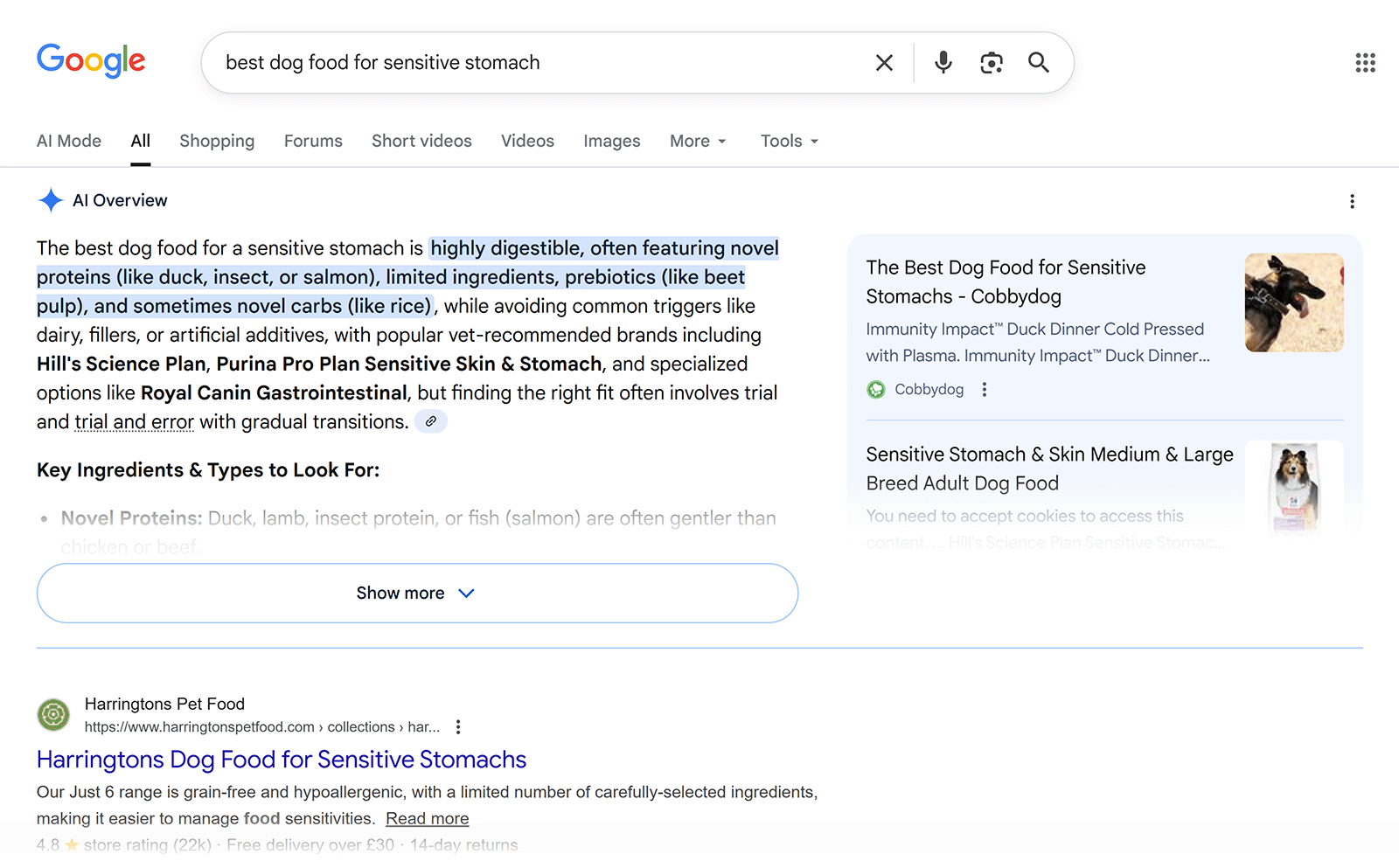 Google AI Overview answering &ldquo;best dog food for sensitive stomach,&rdquo; with highlighted text and product cards on the right.