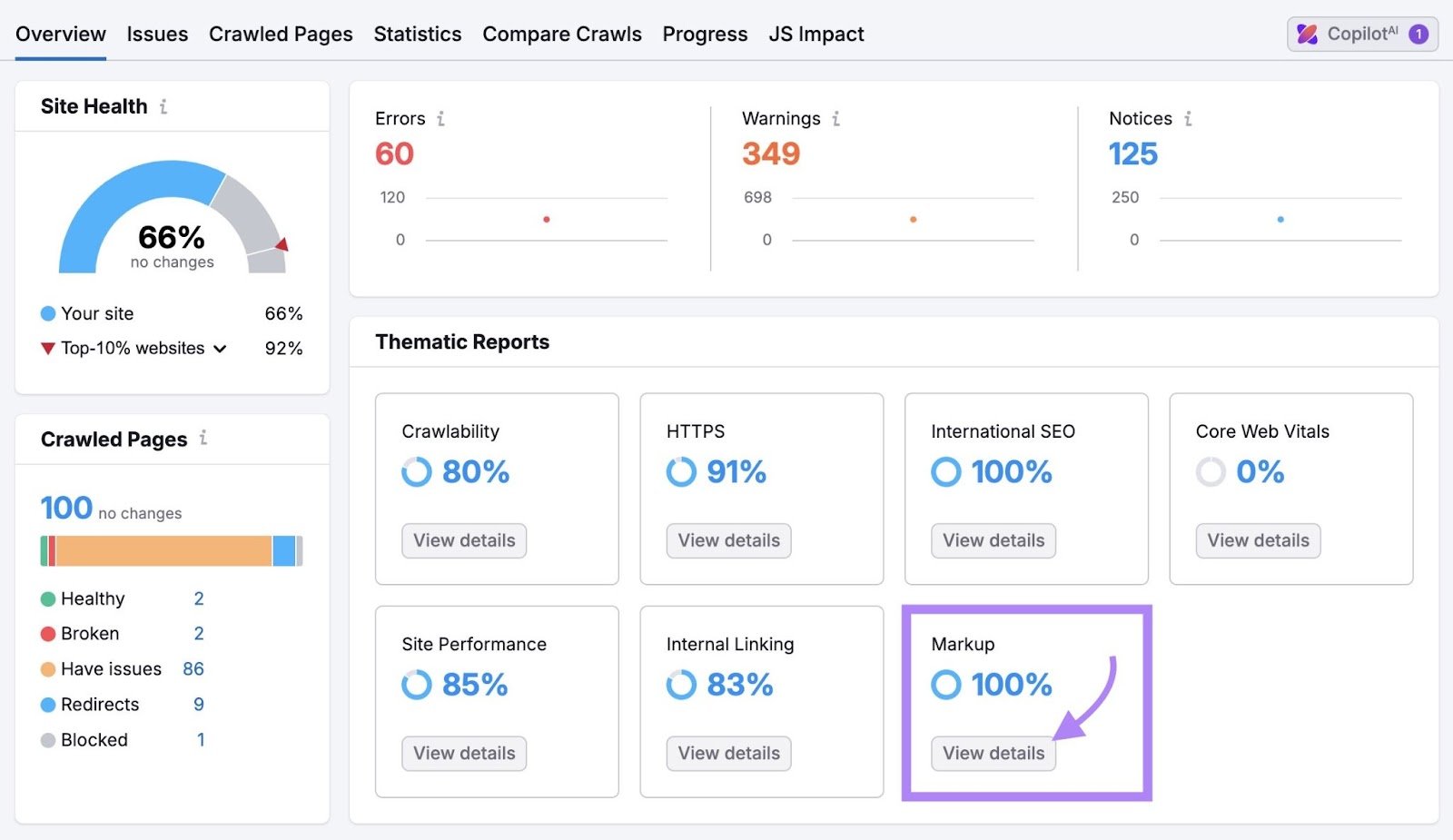 Site Audit report with "View details" under "Markup" clicked.