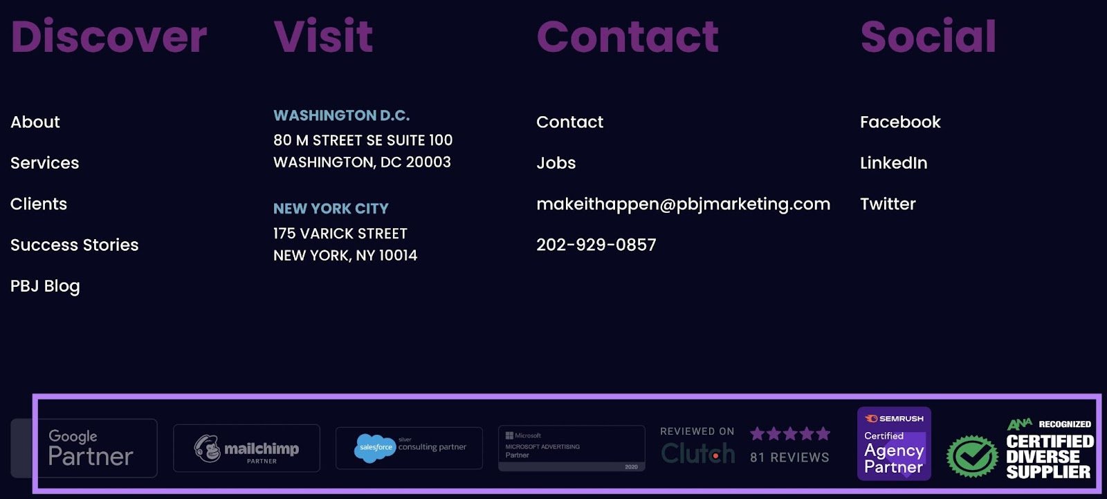 PBJ Marketing includes their certifications in their website&rsquo;s footer