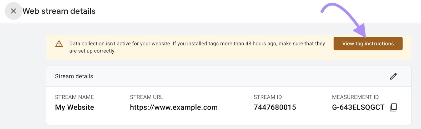 &ldquo;View tag instructions" button under &ldquo;Web stream details&rdquo; window