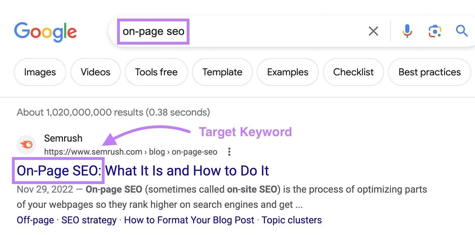 Google search results for "on-page seo" show Semrush&acute;s article titled "On-Page SEO: What It Is and How to Do It"