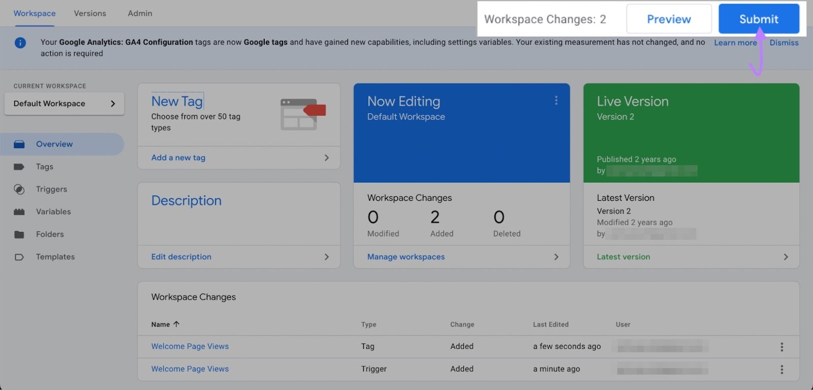 &ldquo;Submit&rdquo; button highlighted on GA4 overview screen
