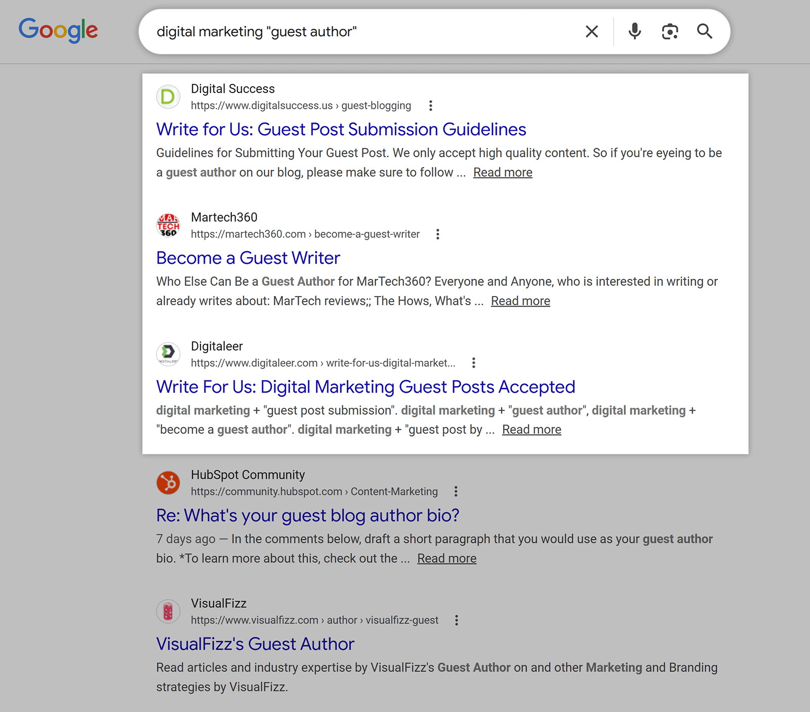 Google search results for &ldquo;digital marketing guest author&rdquo; showing guest posting opportunities and write-for-us pages