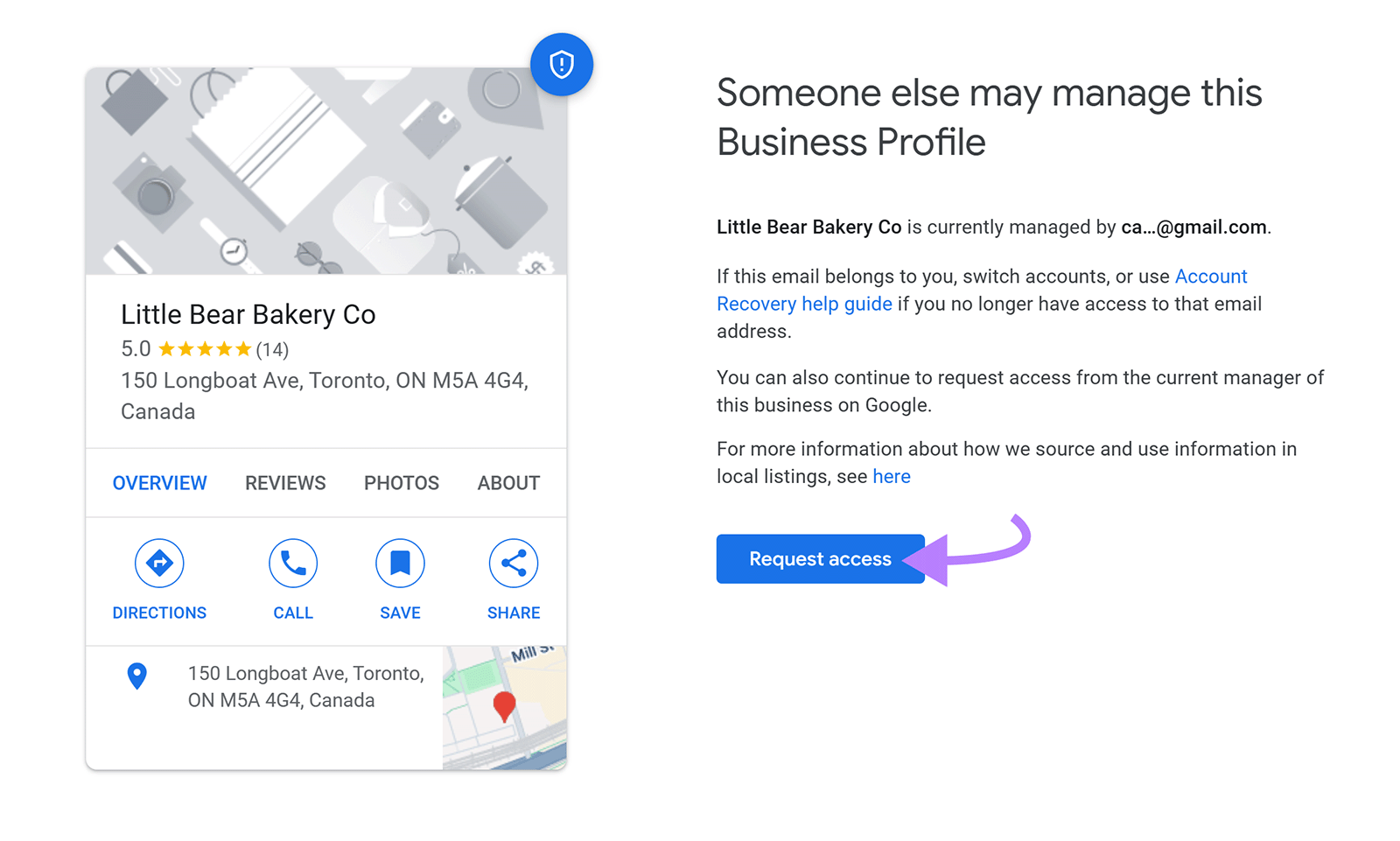 Google business profile with arrow pointing to &ldquo;Request access&rdquo; button.