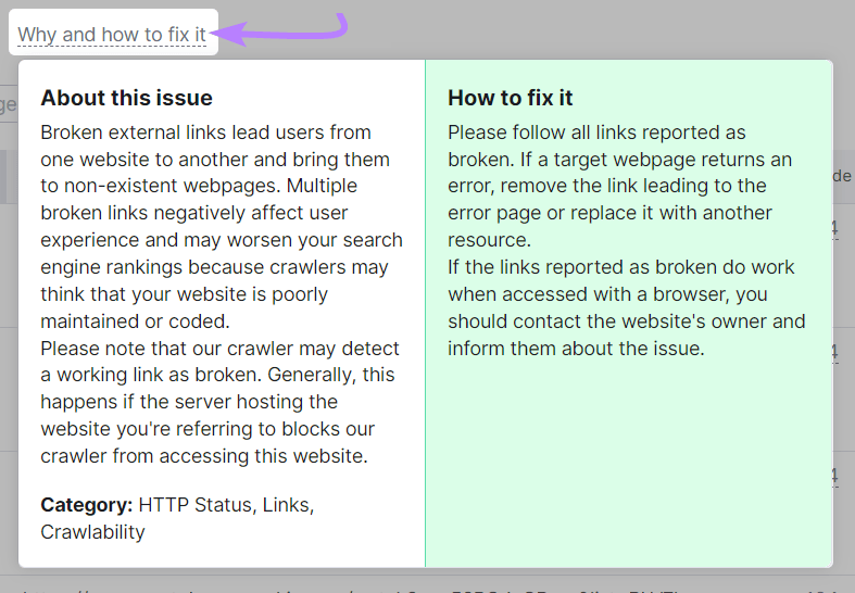An example of &ldquo;Why and how to fix it" section for broken external links in Site Audit