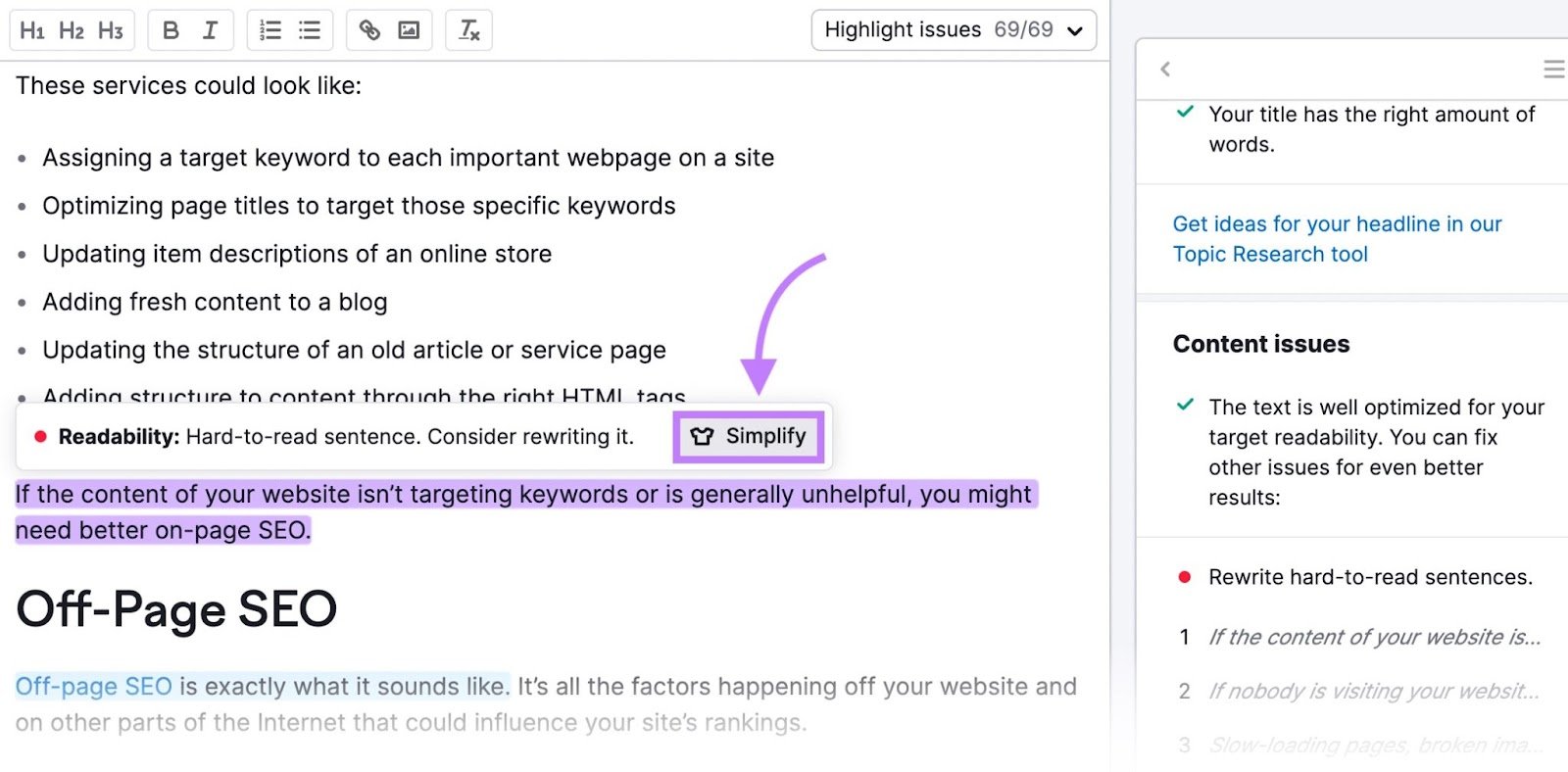 &ldquo;Simplify" selected above the sentence in SEO Writing Assistant