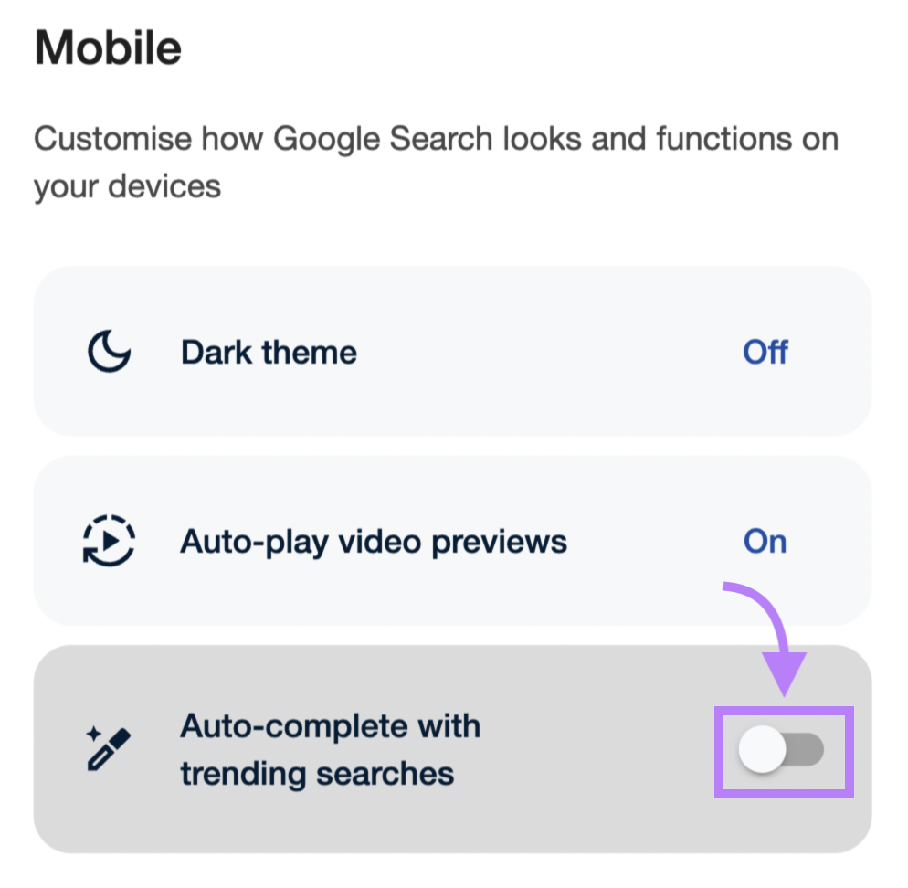 &ldquo;Auto-complete with trending searches&rdquo; switch highlighted in purple