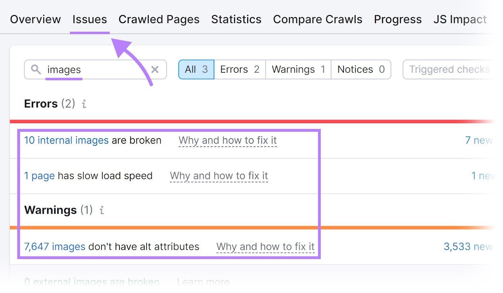 how to find missing alt attributes in Site Audit "Issues&rdquo; tab