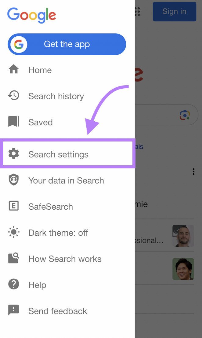 Google &ldquo;Search settings&rdquo; button highlighted in purple
