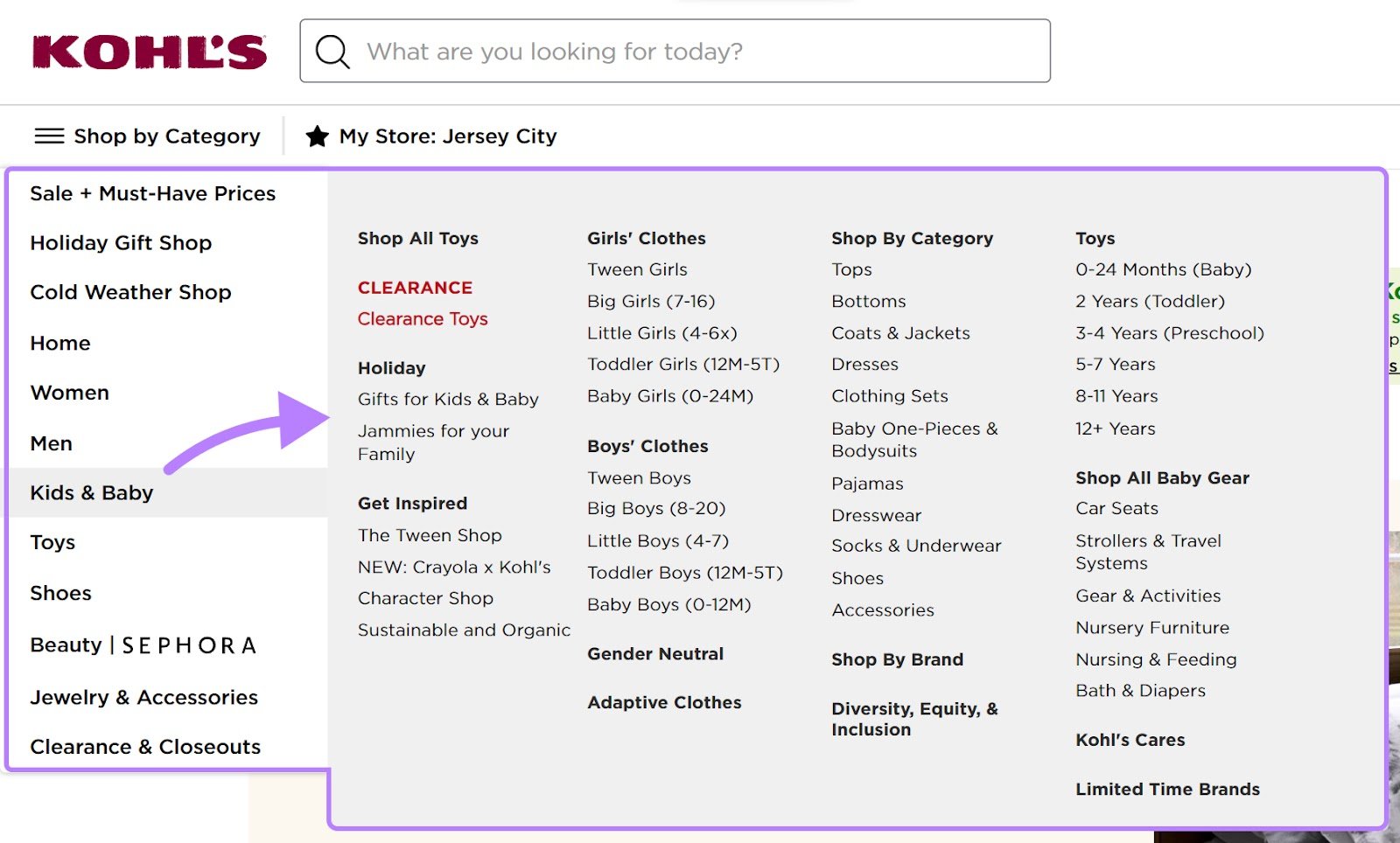 Kohl&rsquo;s submenu for "Kids & Baby" opened from the sidebar menu