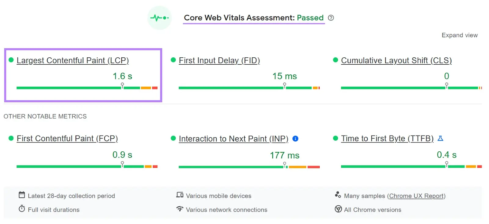 "Largest Contentful Paint (LCP)" metric highlighted under &ldquo;Core Web Vitals assessment&rdquo;