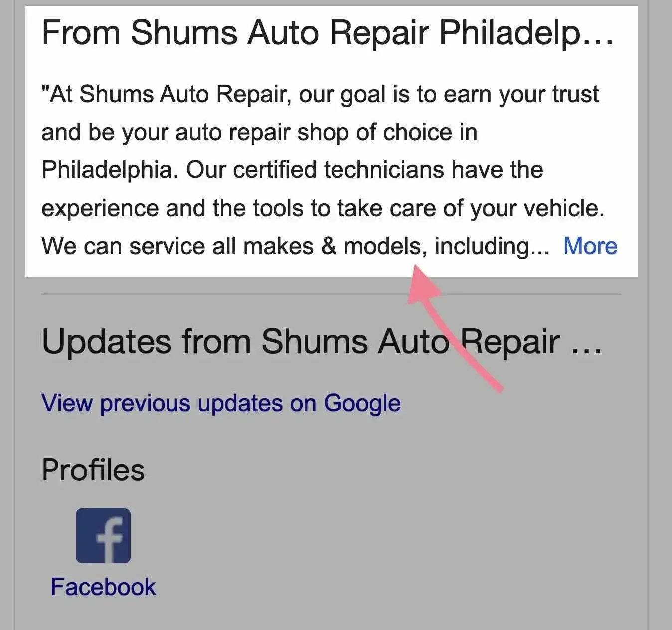 A Google Business Profile of a local business with the description highlighted.