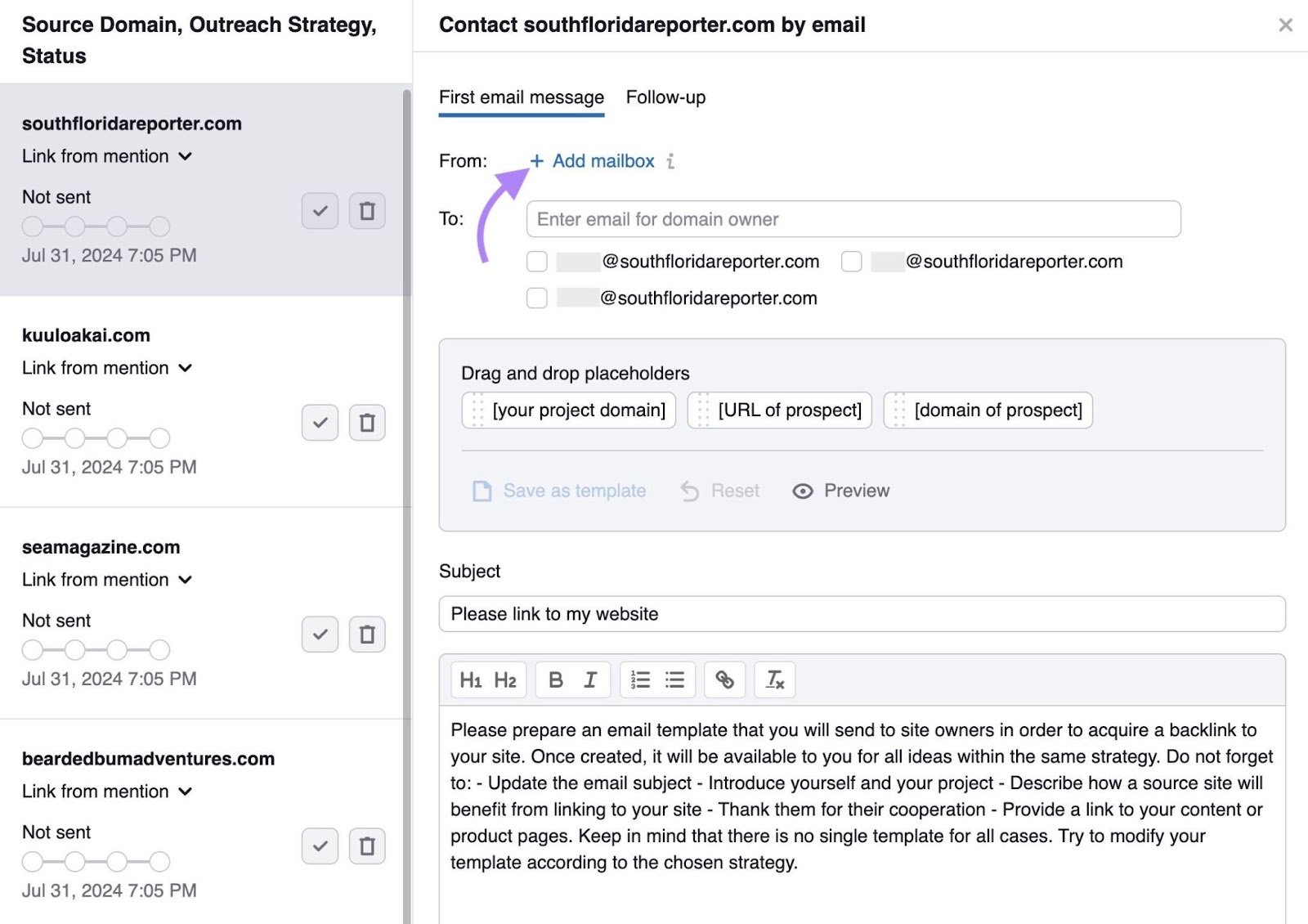 Arrow pointing toward the &ldquo;+ Add mailbox&rdquo; below "First email message" on the Link Building tool.