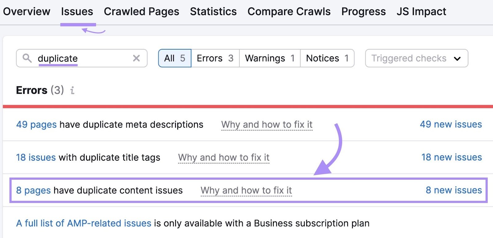 "8 pages have duplicate content issues" result highlighted under "Issues" tab in Site Audit