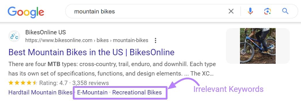 Google search for &ldquo;mountain bikes&rdquo;&nbsp;showing an irrelevant keyword