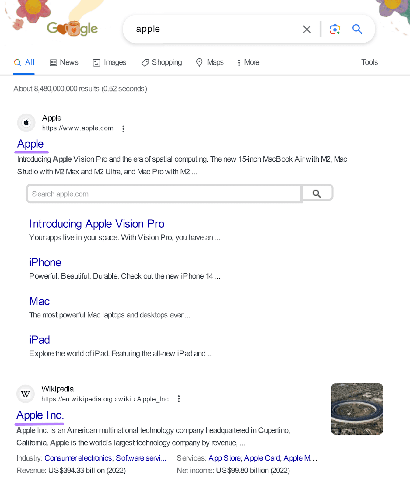 Google&rsquo;s search results for &ldquo;apple&rdquo; in the U.S