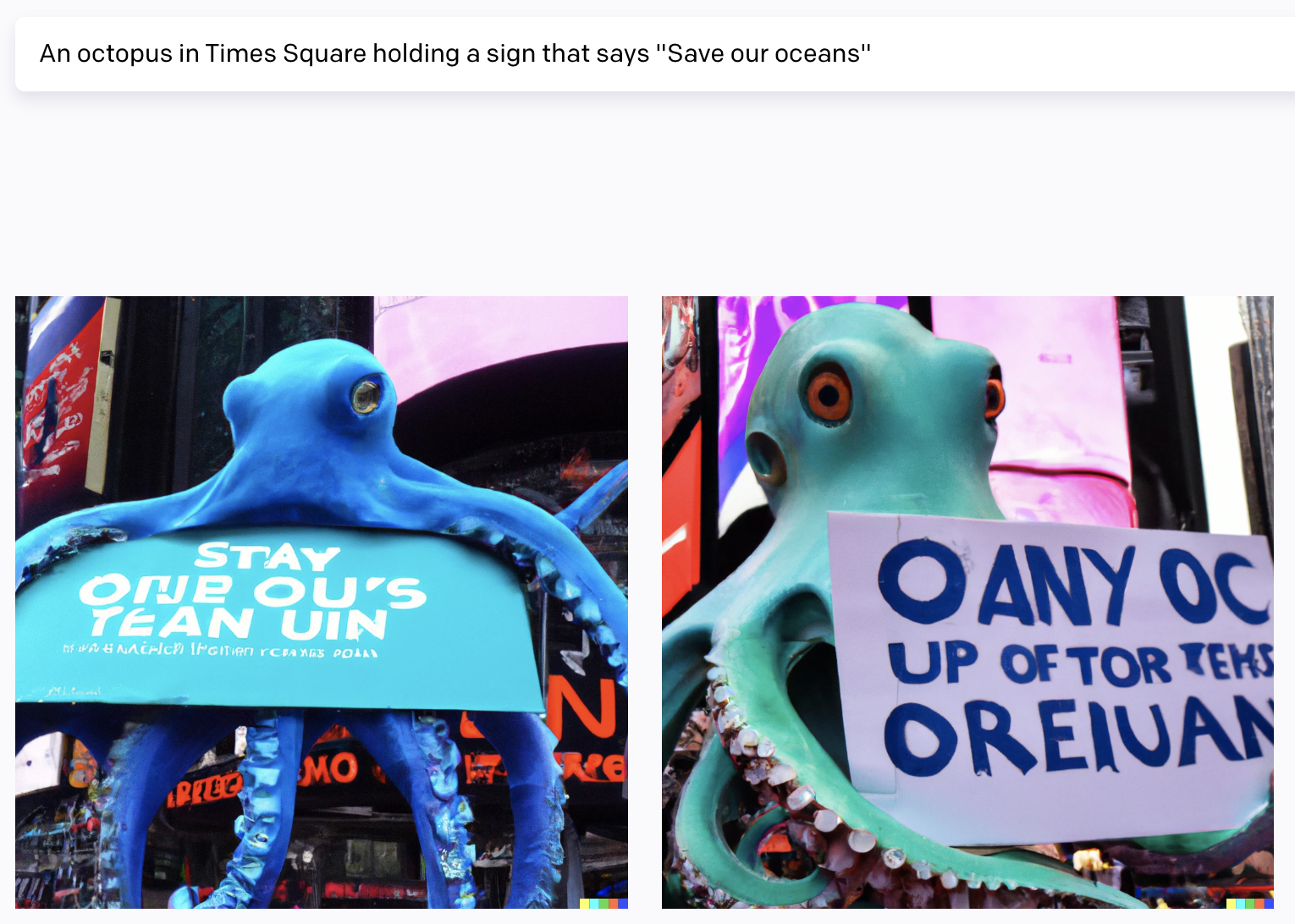 DALL-E 2 results for &ldquo;An octopus in Times Square holding a sign that says - Save our oceans" prompt