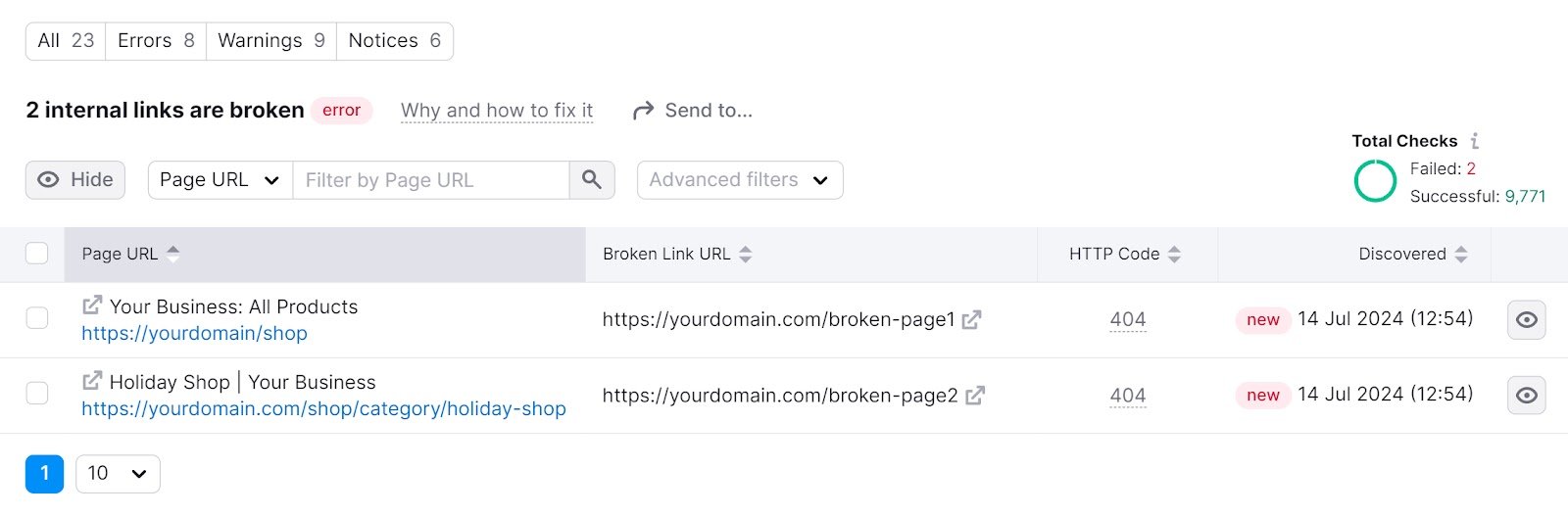 "2 internal links are broken" report of the Site Audit tool.