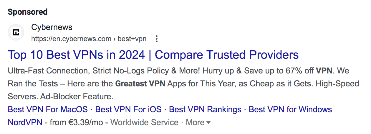 Cybernews' ad that appears for the query &ldquo;best VPN"