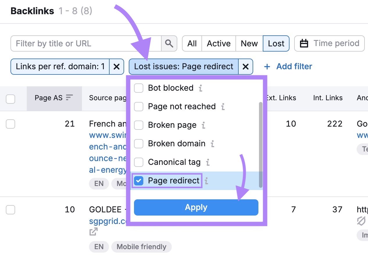 &ldquo;+ Add filter&rdquo; option clicked, &ldquo;Lost issues&rdquo; selected, the box next to &ldquo;Page redirect&rdquo; checked, & "Apply" clicked on the Backlinks report.