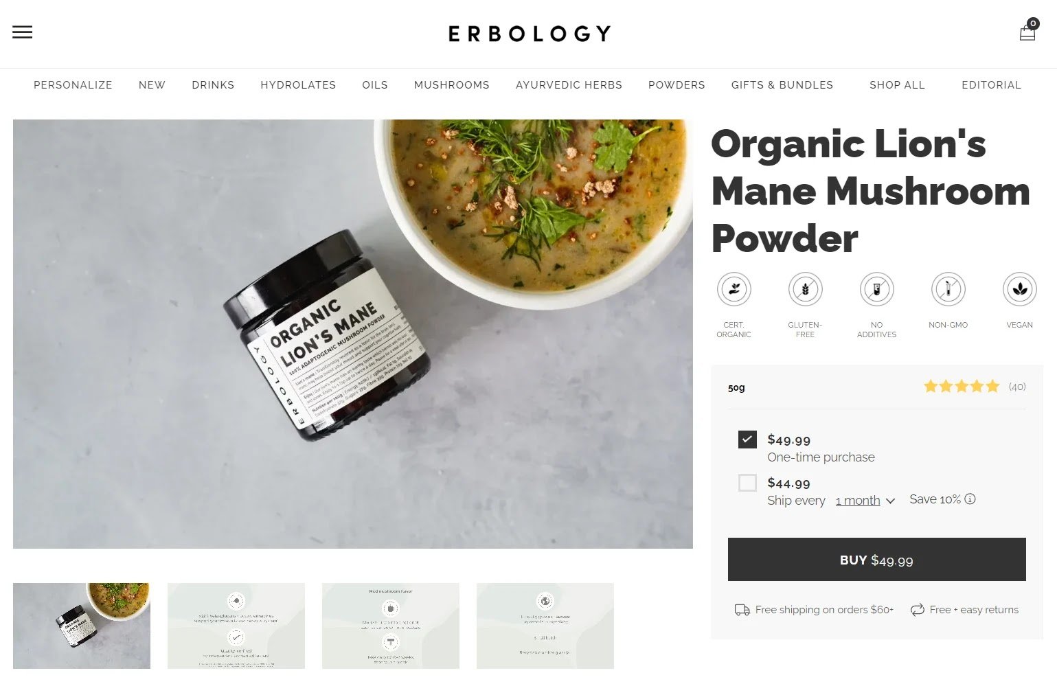 Erbology landing page for organic lion&rsquo;s mane mushroom powder