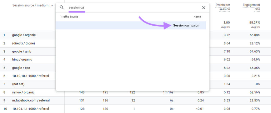 &ldquo;Session campaign&rdquo; dimension selected in the search box