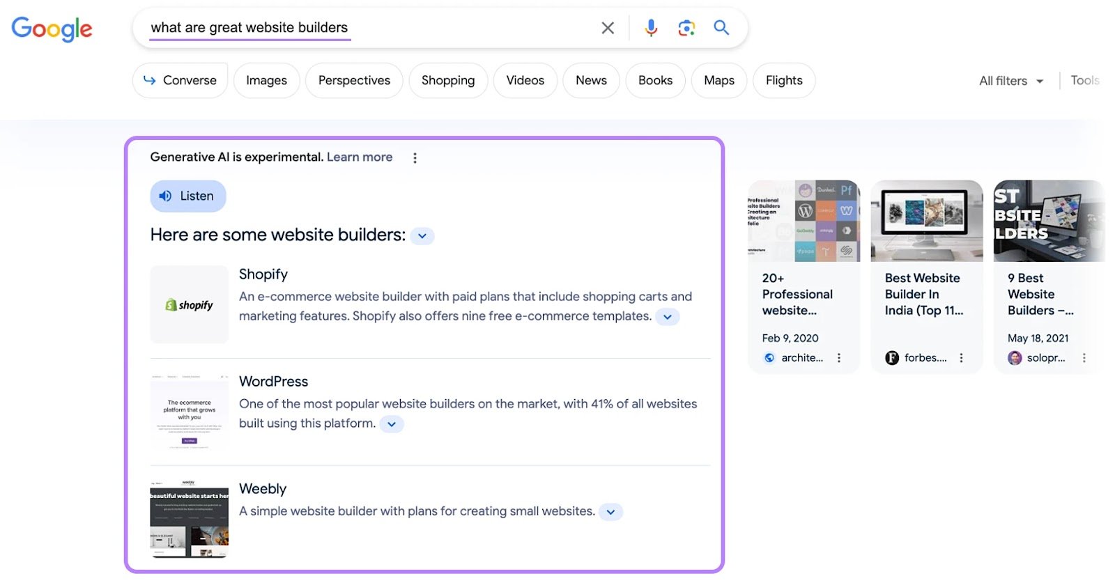 Google&rsquo;s SGE results on SERP, for the "what are great website builders" query