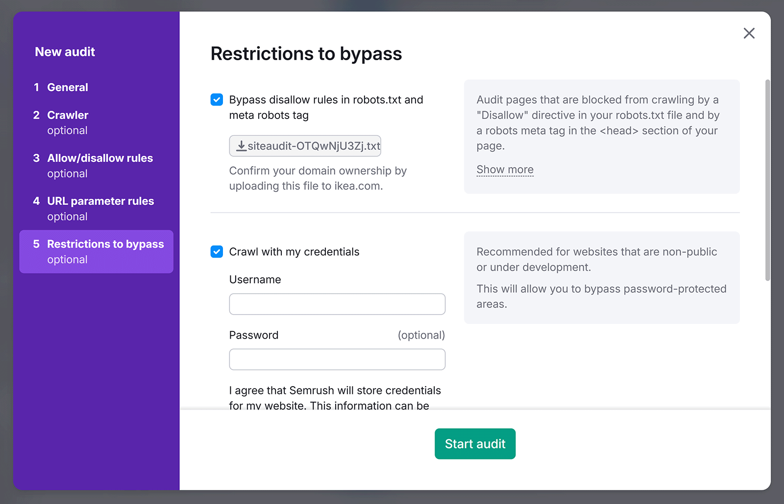 Site Audit settings with &ldquo;Restrictions to bypass&rdquo; and crawl with credentials options enabled.