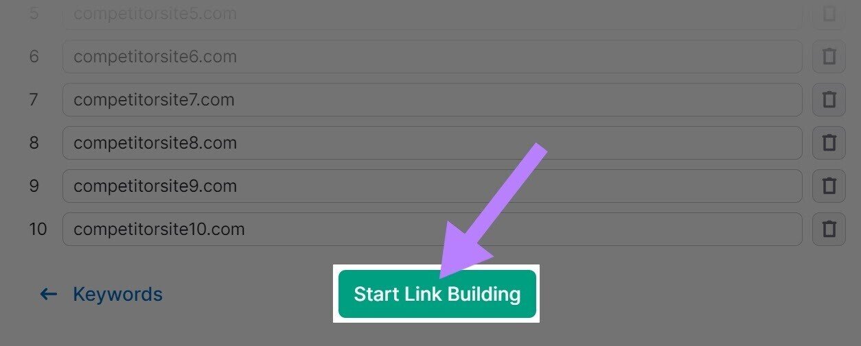 “Start Link Building” button highlighted