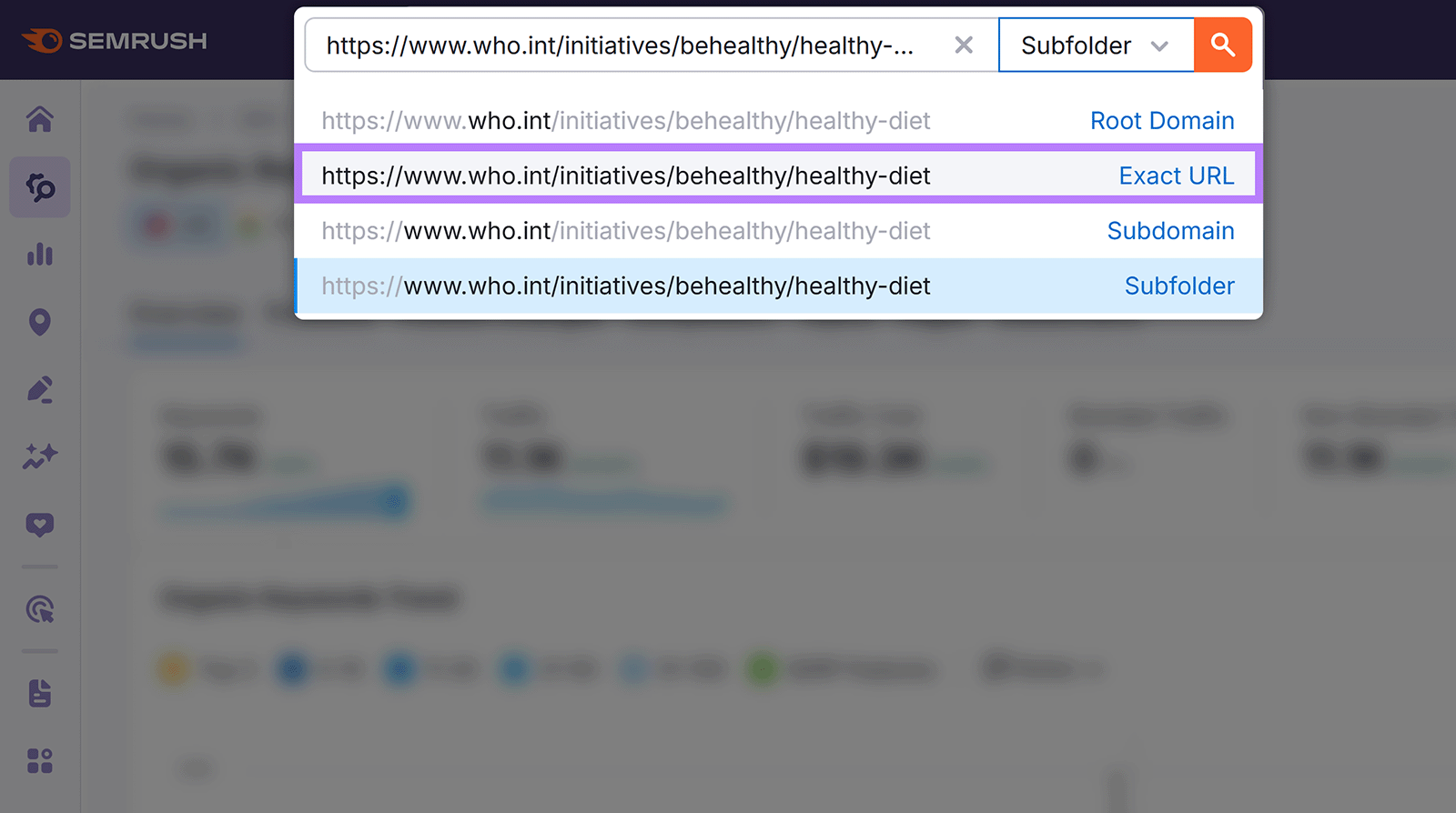 Dropdown showing a WHO URL highlighted in violet with &ldquo;Exact URL&rdquo; selected