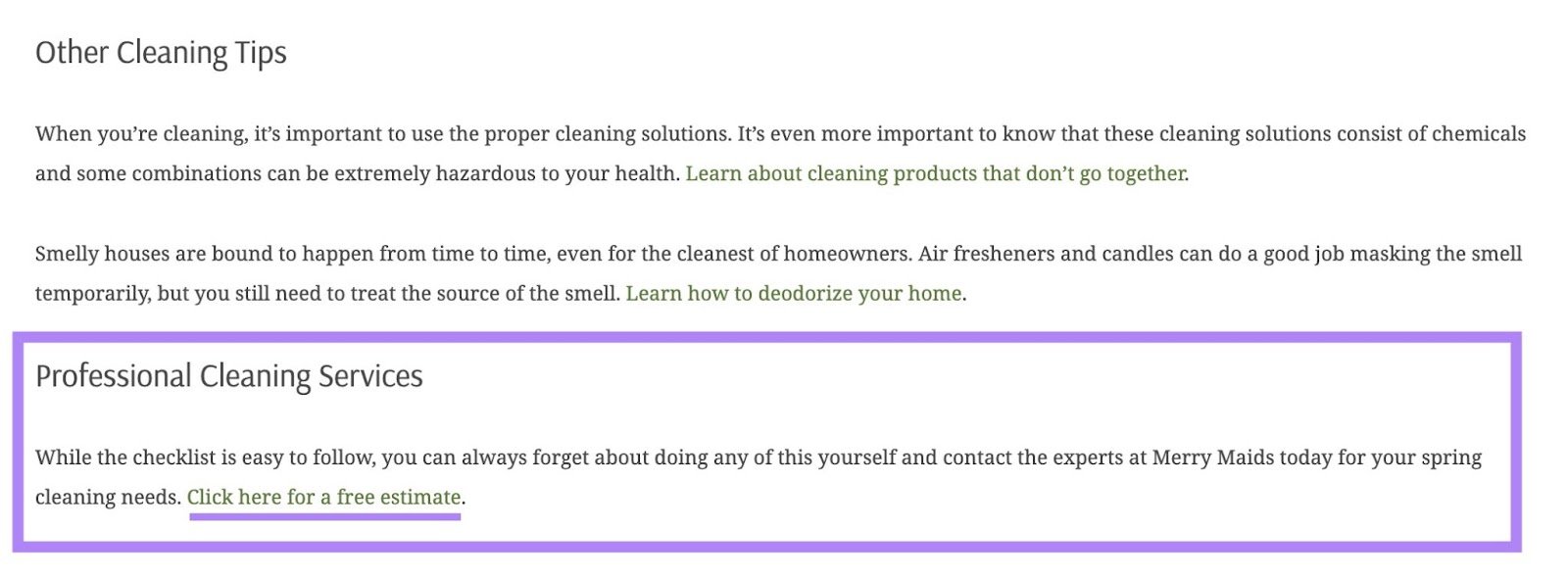 The last paragraph of a blog article by Merry Maids about the brand's cleaning services along with a CTA for a free quote highlighted.