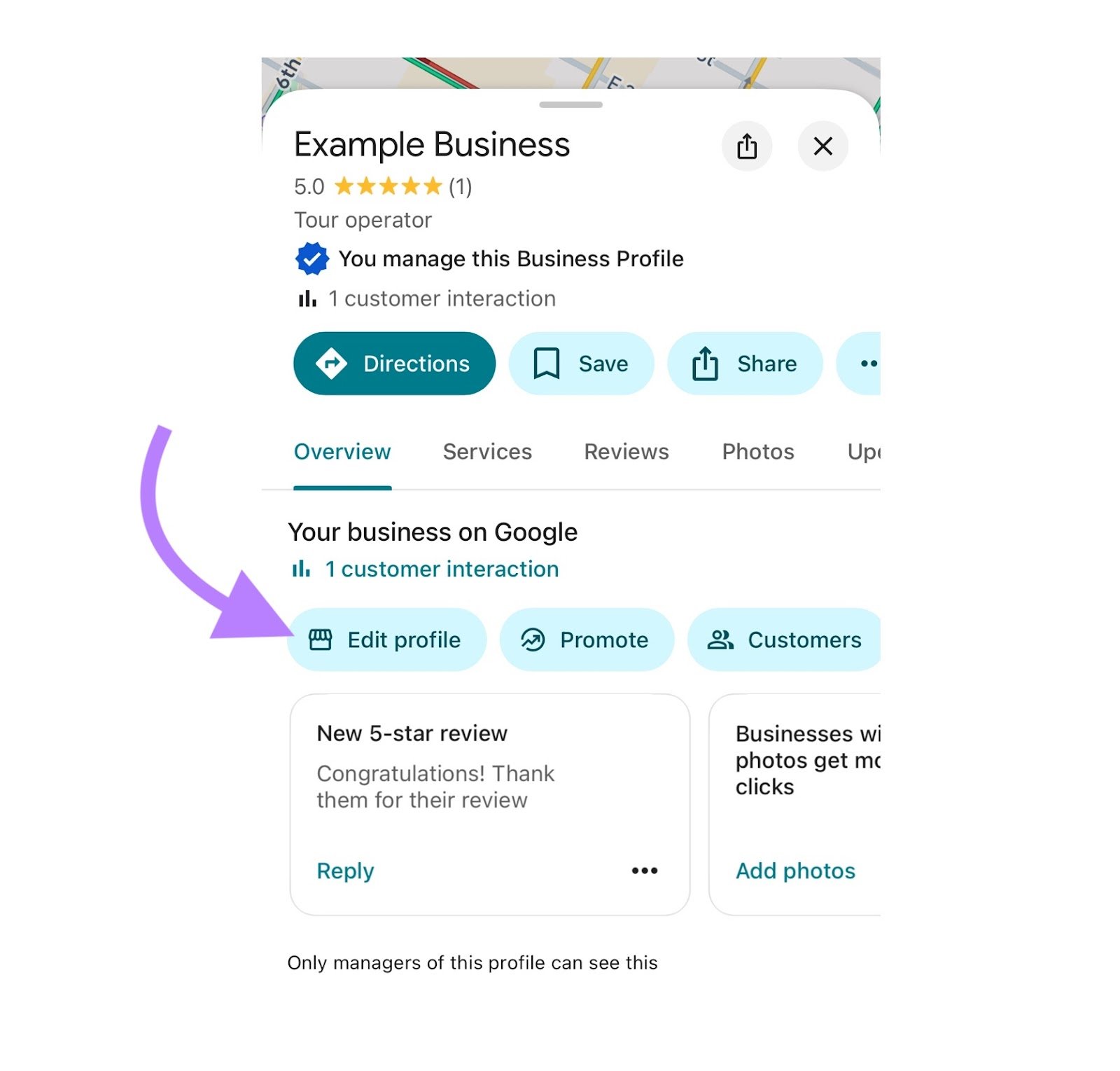 The profile of a business on Google Maps with the "Edit profile" button clicked.